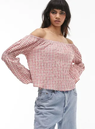 Checked Bardot Crop Top 