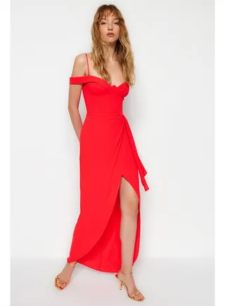 X Zeynep Tosun Pomegranate Flower Ruffled Evening & Prom Dress TCLSS23AE00011 