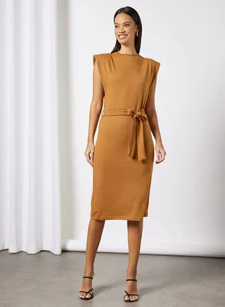 Padded Shoulder Dress Brown 
