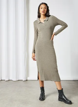 Ribbed Bodycon Dress Khaki 