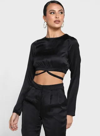 Crew Neck Tie Detail Crop Top 