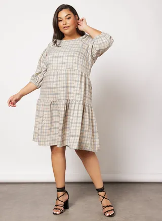 Curve Check Print Dress Beige 