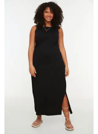 Black Straight Cut Slit Knitted Dress TBBSS22AH0162 