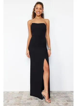 Black Body-Sitting Woven Long Evening Dress TPRSS24AE00009 