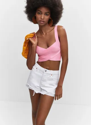Ribbed Surplice Neck Crop Top 