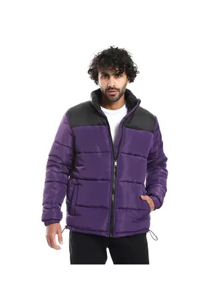 Quilted Pattern Long Sleeves Puffer Jacket - Black & Purple 
