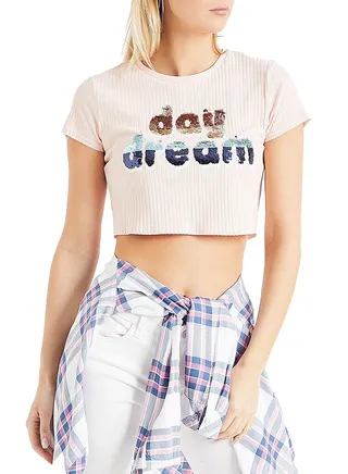 Sequin Slogan Crop Top Pink 