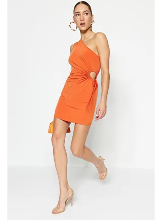Orange Fitted Window/Cut Knitted Out Detailed Elegant Evening Dress TPRSS23EL00154 