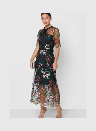 Embossed Tulle Tie Up Dress Black 