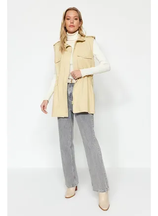 Beige Waist Smocking Detail Woven Gabardine Vest TCTSS23YL00001 