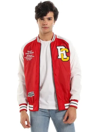 Color Block Casual Bomber Jacket With Mandarin Neck Red 