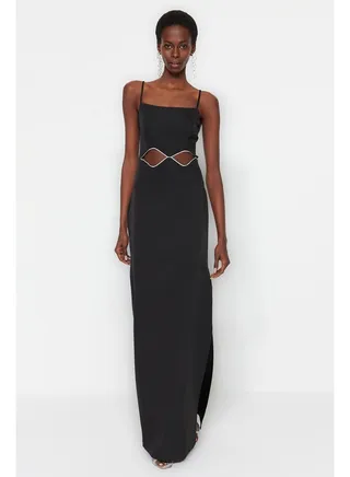 Black Weave Evening Dress With Window/Cut Out Detailed Evening Dress TPRSS23AE00028 