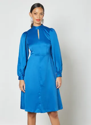 High Neck A-Line Dress Blue 
