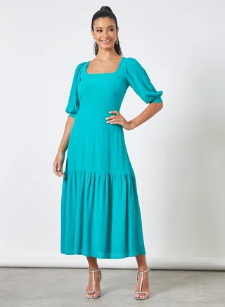 Gathered Detail A-Line Dress Turquoise 