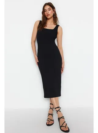 Black More Sustainable Fitted Square Neck Strap Ribbed Mini Stretch Knitted Dress TWOSS23EL01967 