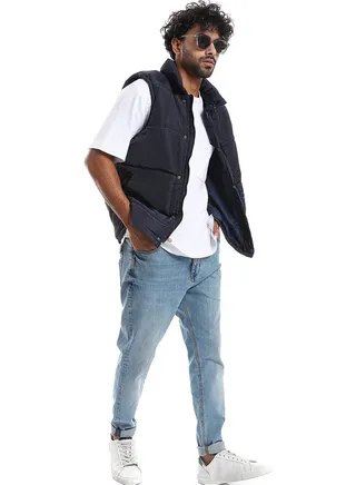 Press Buttons Closure Sleeveless Vest _ Navy Blue 
