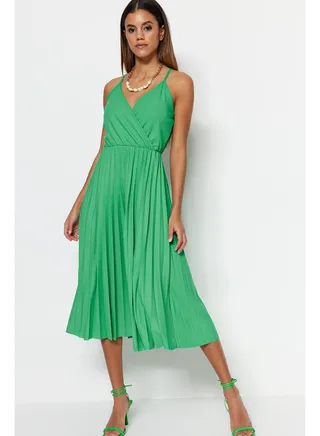 Green Open Waist/Skater Midi Double Breasted Pleated Strap Stretchy Knitted Dress TWOSS20EL2729 