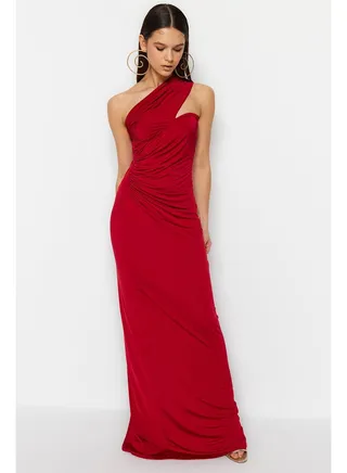 Burgundy One-Shoulder Gathered Detailed Long Evening Evening Dress TPRSS23AE00257 