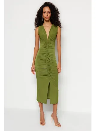 Green Fitted/Sleeved Gathering Detail Midi Stretch Knit Dress TWOSS23EL00751 