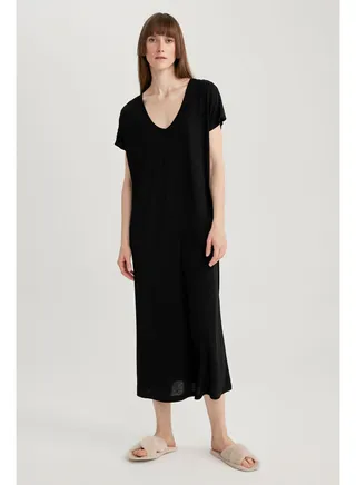 Woman Regular Fit V Neck Short Sleeve Homewear Knitted Dress 
