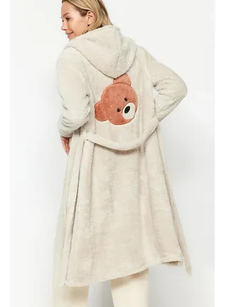 Wellsoft Cream Negligee Dressing Gown with Teddy Bear Embroidery Detail THMAW24SB00021 