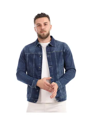 Casual Plain/Basic Collared Neck Long Sleeve  Jackets Dark Blue 
