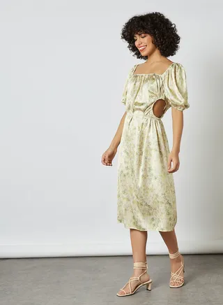 Puff Sleeve Cut Out Dress Green Flower 