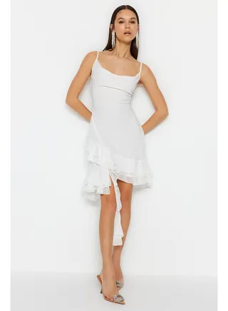 Ecru Hem Ruffle Detailed Wedding / Wedding Elegant Evening Dress TPRSS23EL00526 