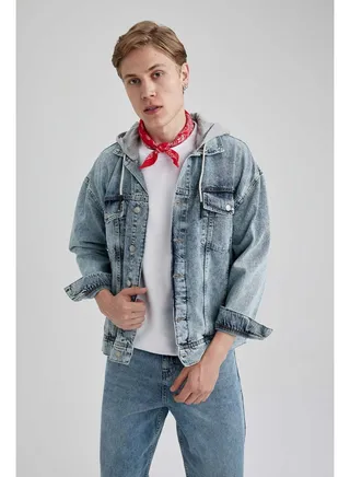 Man Denim Oversize Fit Hooded Long Sleeve Jacket 
