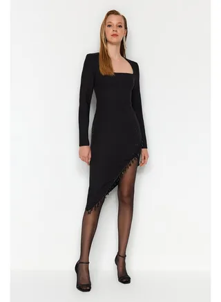 Black Body-fitting Woven Shiny Stone Elegant Evening Dress TPRAW24EL00135 