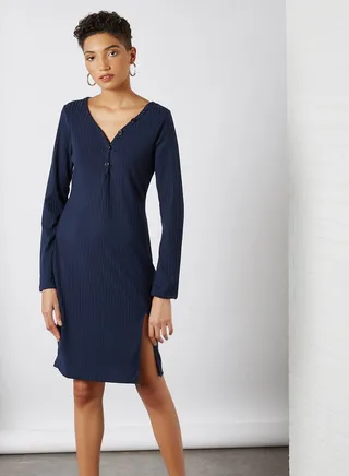 Ribbed Side Slit Dress Navy 