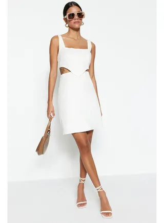 Ecru A-Cut Mini Cotton Window/Cut Out Detailed Woven Dress TWOSS23EL00596 