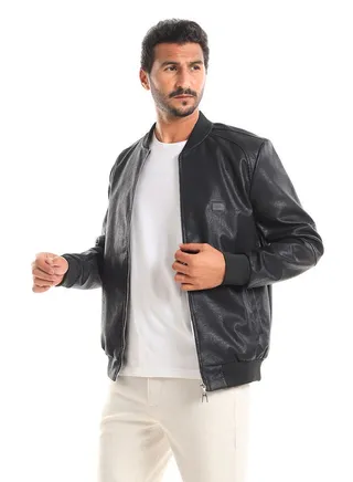 Mandarin Collar Hips Length Full Black Leather Jacket 