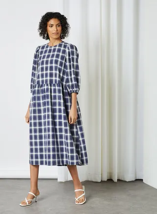 Gather Detailed Checked Dress Blue Depths 