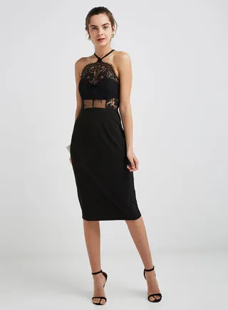 Zere Souq Halter Contrast Lace Sheath Dress Black 