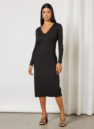 V-Neck Ribbed Dress Black 