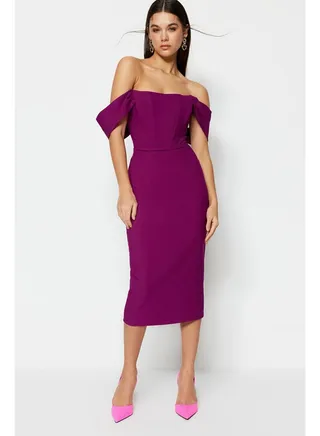 Purple Form-fitting Woven Corset Detailed Elegant Evening Dress TPRSS22EL00097 