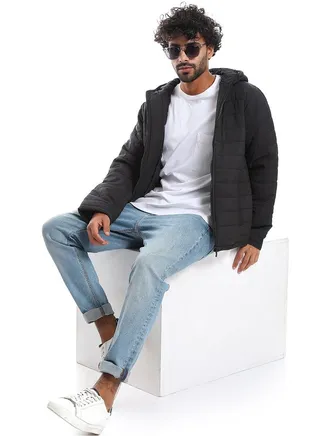 Long Sleeves Quilted Pattern Hoodie Neck Jacket _ Navy 