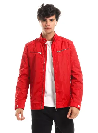 Multiple Zippers Waterproof Red Band Collar Jacket 