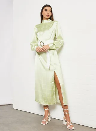 High Neck Satin Dress Green 