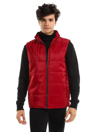 Plain Burgundy Sleeveless Zip Through Neck Vest 