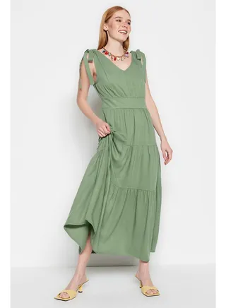 Khaki A-line/Bell Form Flounce Maxi Woven Dress TWOSS23EL01161 