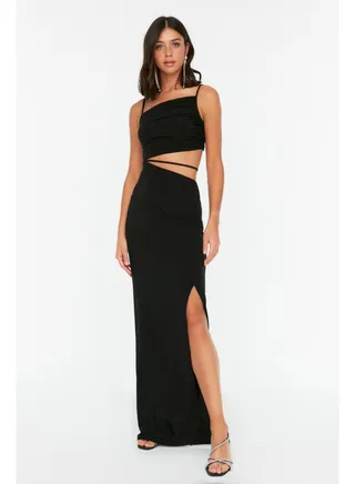 Black Piping Detailed Long Evening Dress TPRSS22AE0047 