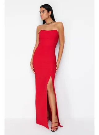 Red Body-Fitting Woven Long Evening Dress TPRSS24AE00009 