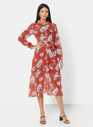 Belted Floral Shirt Dress Red 