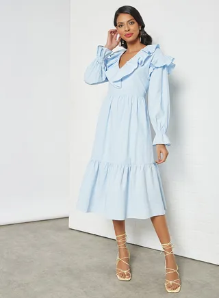 Ruffle Trim Midi Dress Blue 