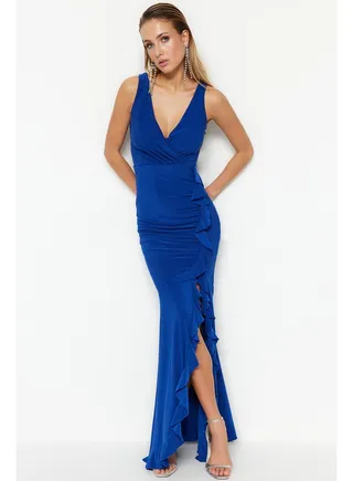 Saks Fitted Lined Knitted Flounce Long Evening Evening Dress TPRSS19UT0026 