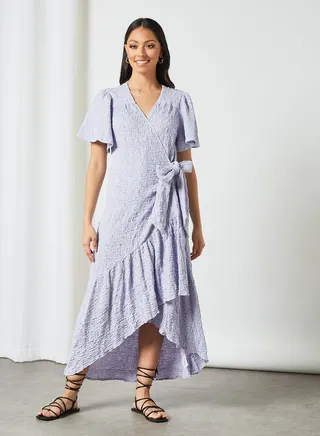 Shirred Midi Wrap Dress Purple 