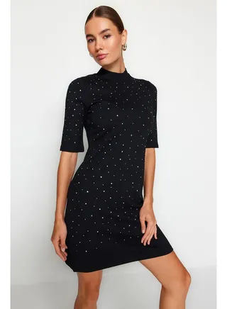 Black Adhesive Stone Detail Interlock Mini Knitted Dress TWOAW24EL00395. 