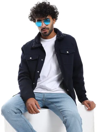 Long Sleeves Multi Pockets Fur Padderd Jacket _ Navy Blue 
